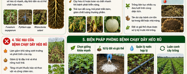 BỆNH CHẠY DÂY HÉO RŨ TRÊN CÂY DƯA LƯỚI VÀ BIỆN PHÁP PHÒNG TRỊ