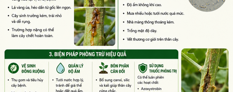 BIỆN PHÁP PHÒNG TRỪ BỆNH NỨT THÂN XÌ MỦ TRÊN CÂY DƯA LƯỚI