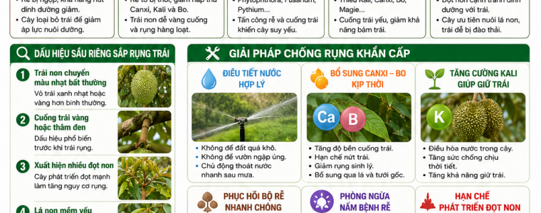 GIẢI PHÁP CHỐNG RỤNG KHẨN CẤP CHO SẦU RIÊNG GIAI ĐOẠN NẮNG HẠN, MƯA DẦM