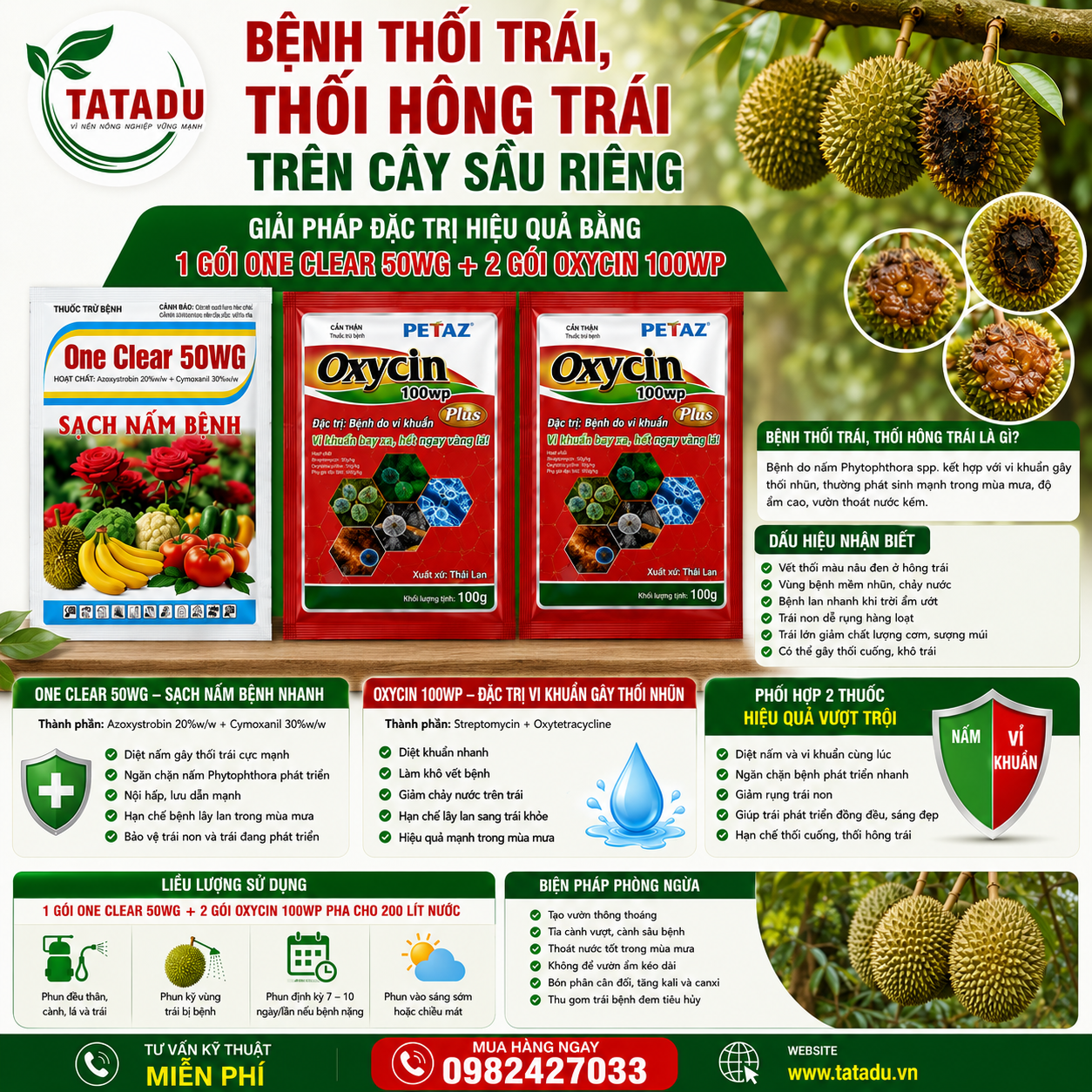 GIẢI PHÁP PHÒNG TRỊ BỆNH THỐI TRÁI, THỐI HÔNG TRÁI SẦU RIÊNG HIỆU QUẢ BẰNG ONE CLEAR 50WG + OXYCIN 100WP
