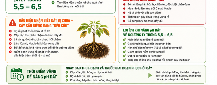 NÂNG pH ĐẤT – CHÌA KHÓA “ĐÁNH THỨC” VƯỜN SẦU RIÊNG SAU MỘT MÙA KIỆT SỨC